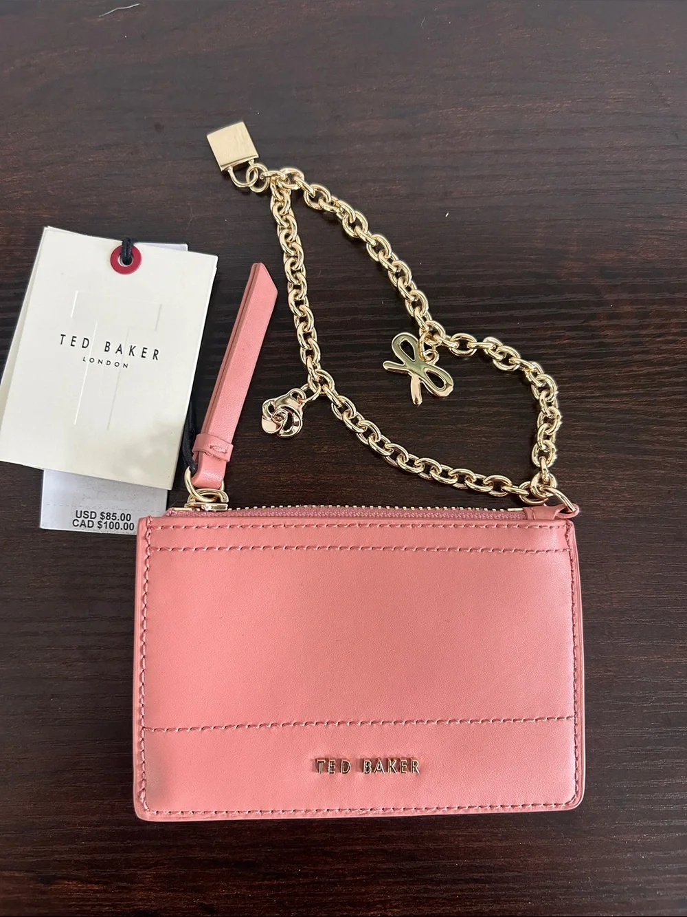 Ted Baker Coral Pink Card Holder with Gold Chain Wristlet - Picture 1 of 6